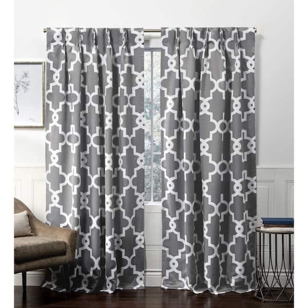 Ironwork Black Pearl Ogee Woven Room Darkening Triple Pinch Pleat / Hidden Tab Curtain, 27 in. W x 84 in. L (Set of 2)