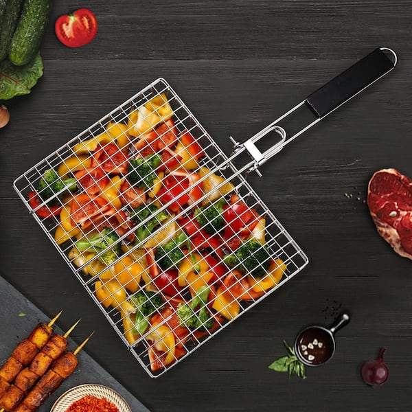 Stainless Steel Grill Basket with Camping Cooking Accessories for Outdoor Grilling, Chicken, Fish and Vegetable (1-Pack)