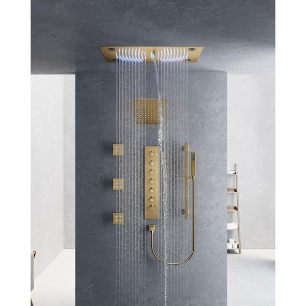YAWWALK 6-Spray 28x16 in. Ceiling Mount LED Mood Lighting Music Dual Shower Head and Handheld Shower Head in Brushed Gold