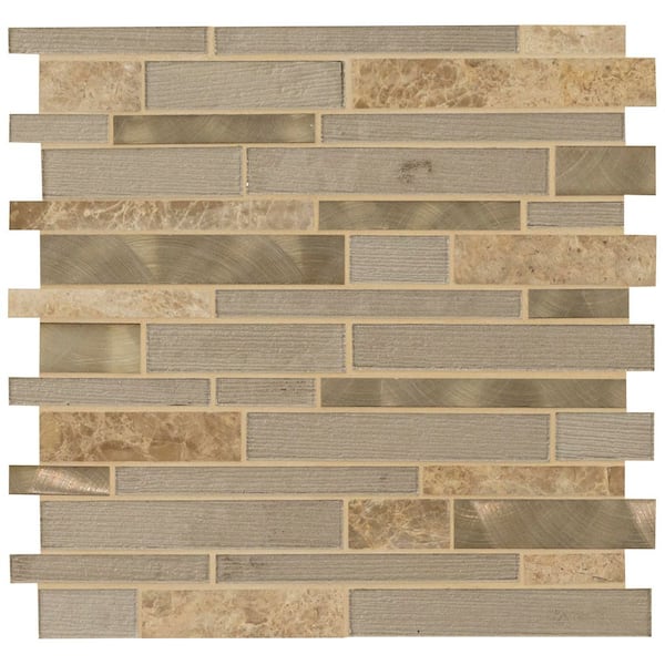 MSI Take Home Tile Sample - Champagne Toast Interlocking 4 in. x 4 in. Glass Metal Stone Mesh-Mounted Mosaic Tile