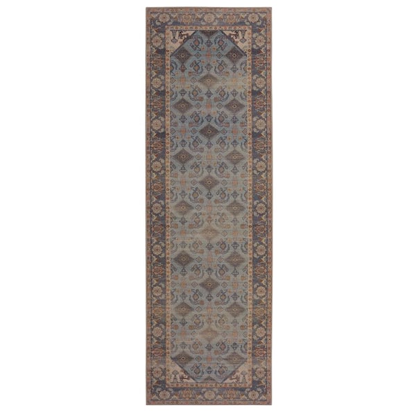 Park West Blue and Ivory 2. 6 x 8 ft. Traditional Woven Distressed Polyester Rectangle Indoor Accent Area Runner Rug
