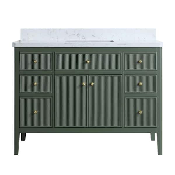 48.03 in. Freestanding Single Sink Fully Assembled Green Bath Vanity with White Engineered Marble Top Assembled