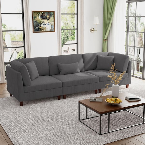 112.1 in. Straight Arm 3-Piece Corduroy Upholstered 3-Seater Sectional Sofa in Gray