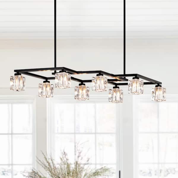 38.4 in. 8-Light Black Modern Semi-Flush Mount Crystal Chandelier With Crystal Shade and 8-G9 Bulbs Included