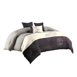 7-Piece Purple and Gray Floral Polyester Queen Comforter Set