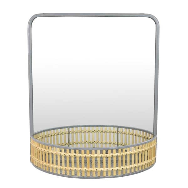 Elpis Gray 6.75 in W x 19.75 in. H Rectangle Metal Framed Mirror with Woven Shelf
