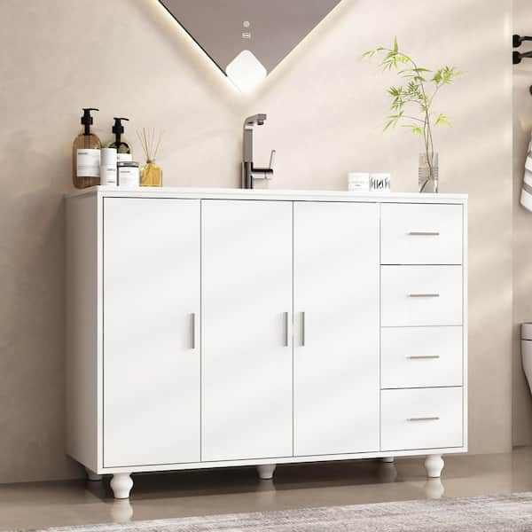 46.4 in. W x 18.3 in. D x 34.8 in. H Single Sink Freestanding Bath Vanity in White with Marble Top, Bathroom Cabinet