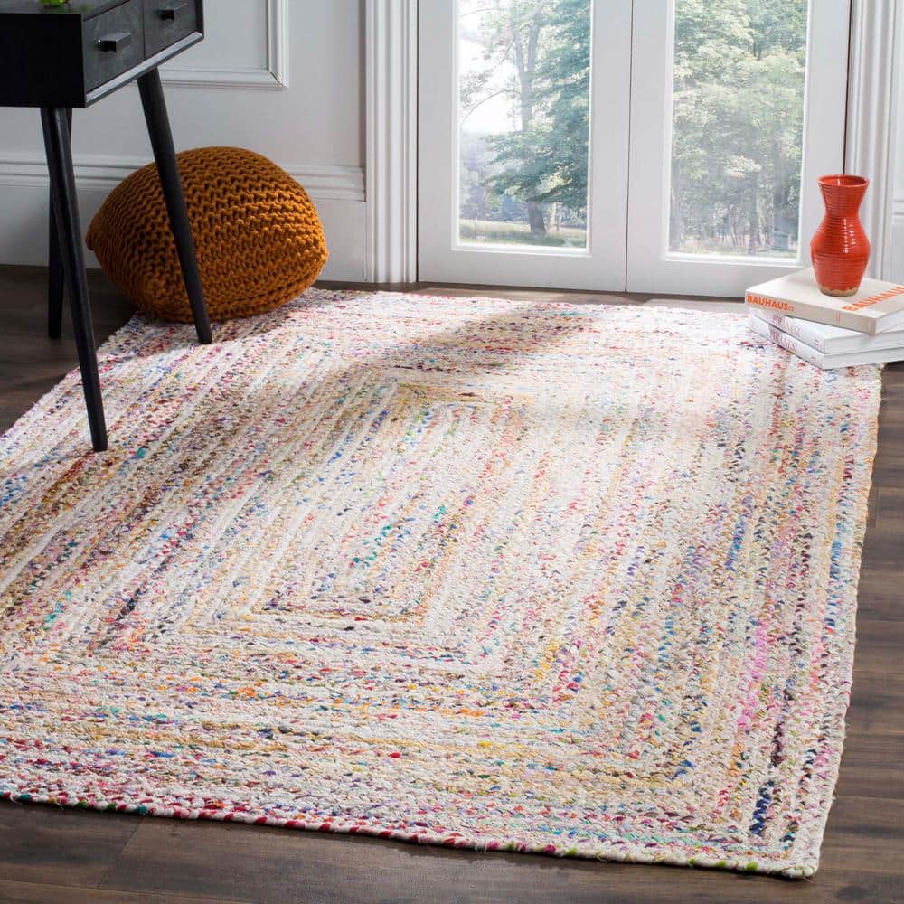 Ivory and Multicolor Braided Round Wool and Cotton Rug