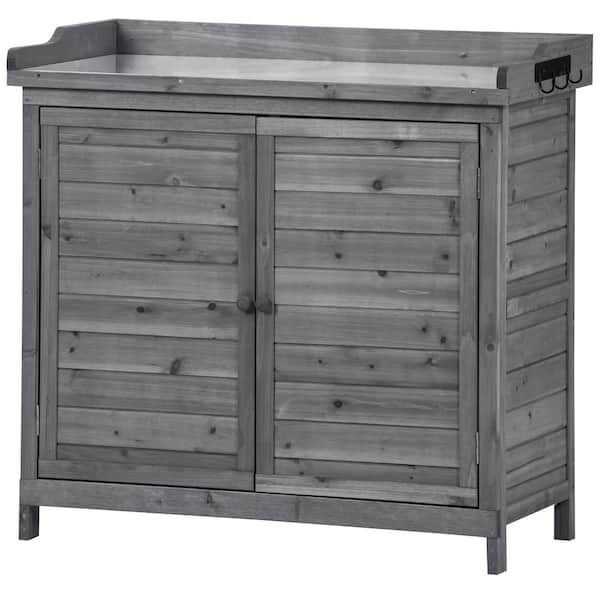 grossag 39 in. W x 37.4 in. H Gray Potting Bench Table Fir Wood Workstation with 2-Tier Shelves and Side Hook