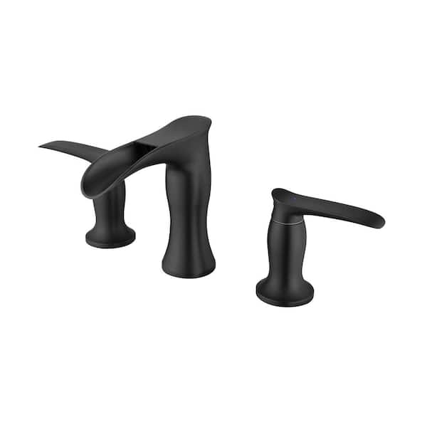Tomfaucet 8 in. Widespread Deck Mount 2-Handle Waterfall Bathroom Faucet in Matte Black