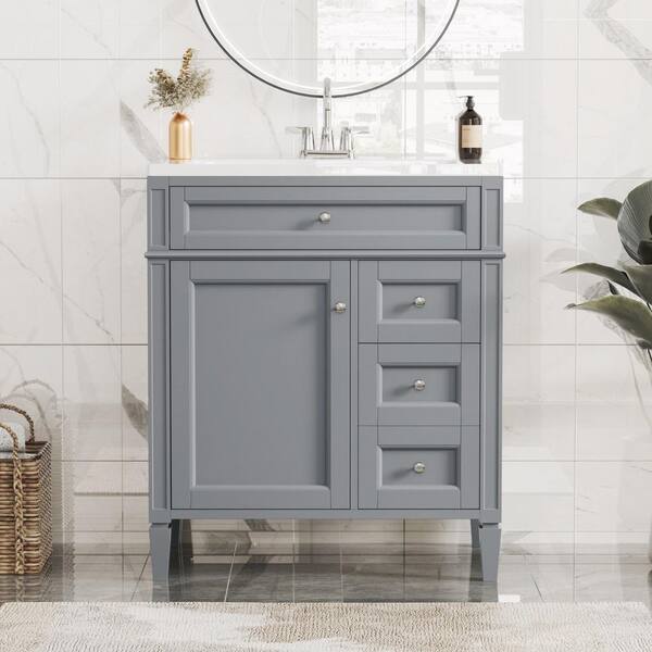 Unbranded 30 in. W x 18 in. D x 33 in. H Freestanding Bath Vanity in Gray with White Ceramic Top