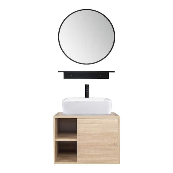 Puluomis 24 in. W x 19 in. D x17 in. H Single Sink Burlywood Bath Vanity with White Rectangular Solid Surface Top Sink and Mirror
