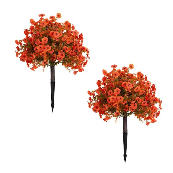 26 in. Orange Artificial UV Resistant Autumn Daisy Bush with Integrated Ground Stake (Indoor/Outdoor) - Set of 2