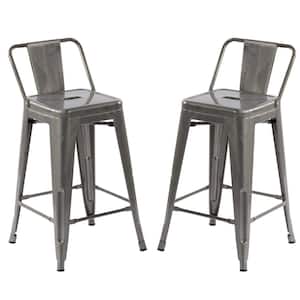 VUSTU 24 in. Kitchen Counter Height Silver Metal Bar Stools with square Seats and Removable Backrest, Set of 2