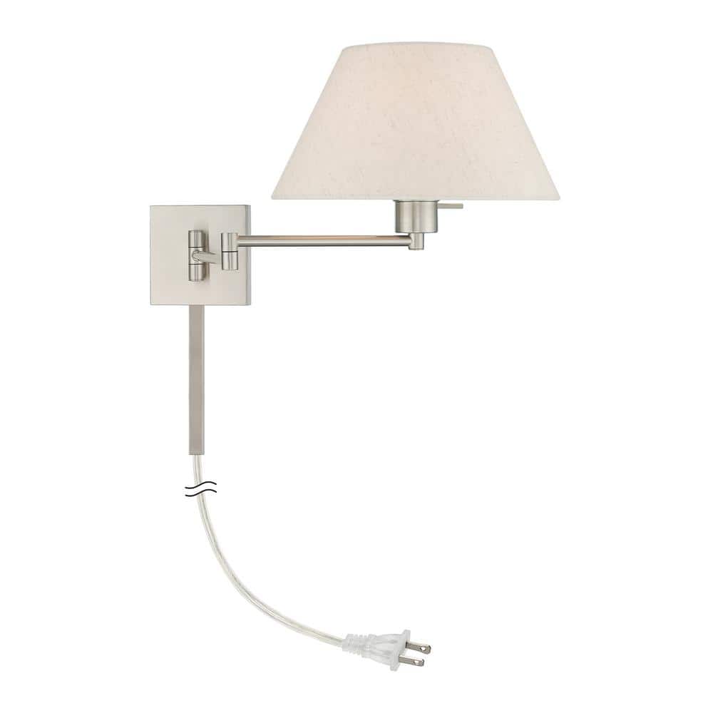 Brushed Nickel Swing Arm Wall Light with Oatmeal Fabric Shade