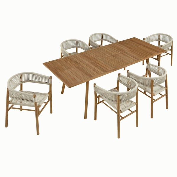 Vienna 7-Piece Outdoor Patio Teak and Rope Dining Set with Curved-Back Armchairs in Natural Natural