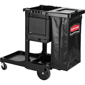Black Janitorial and Housekeeping Cleaning Cart with Locking Cabinet, 4 Wheels and Zippered Black Vinyl Bag