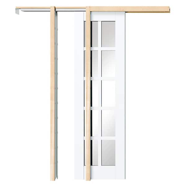 TENONER 48 in. x 80 in. 10-Lite, Pre-Assembled Panel, Tempered Mirrored MDF, White Primed Pocket Door Frame with Hardware