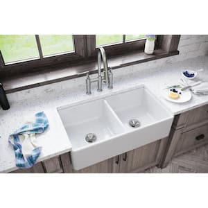 Burnham 33in. Farmhouse/Apron-Front 2 Bowl  White Fireclay Sink Only and No Accessories