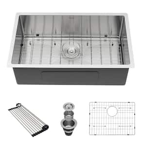 33 in. Undermount Single Bowl Round Corner 16 Gauge Stainless Steel Kitchen Sink Basin with Rolling Drying Rack