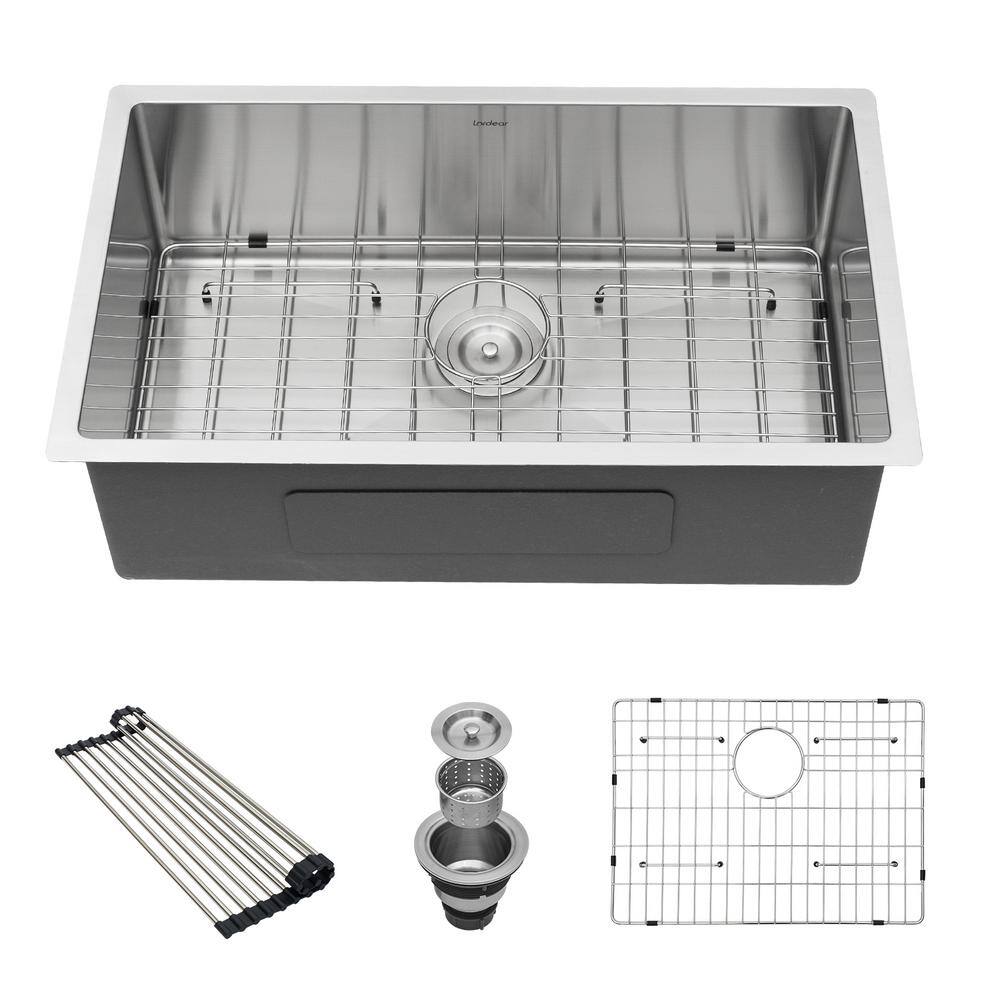 33 in. Undermount Single Bowl Round Corner 16 Gauge Stainless Steel Kitchen Sink Basin with Rolling Drying Rack, Silver