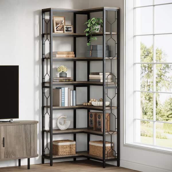 78.7 in. Tall Gray Engineered Wood 7-Shelf Corner Bookcase, Tall Bookshelf Corner Shelf Rack for Home Office