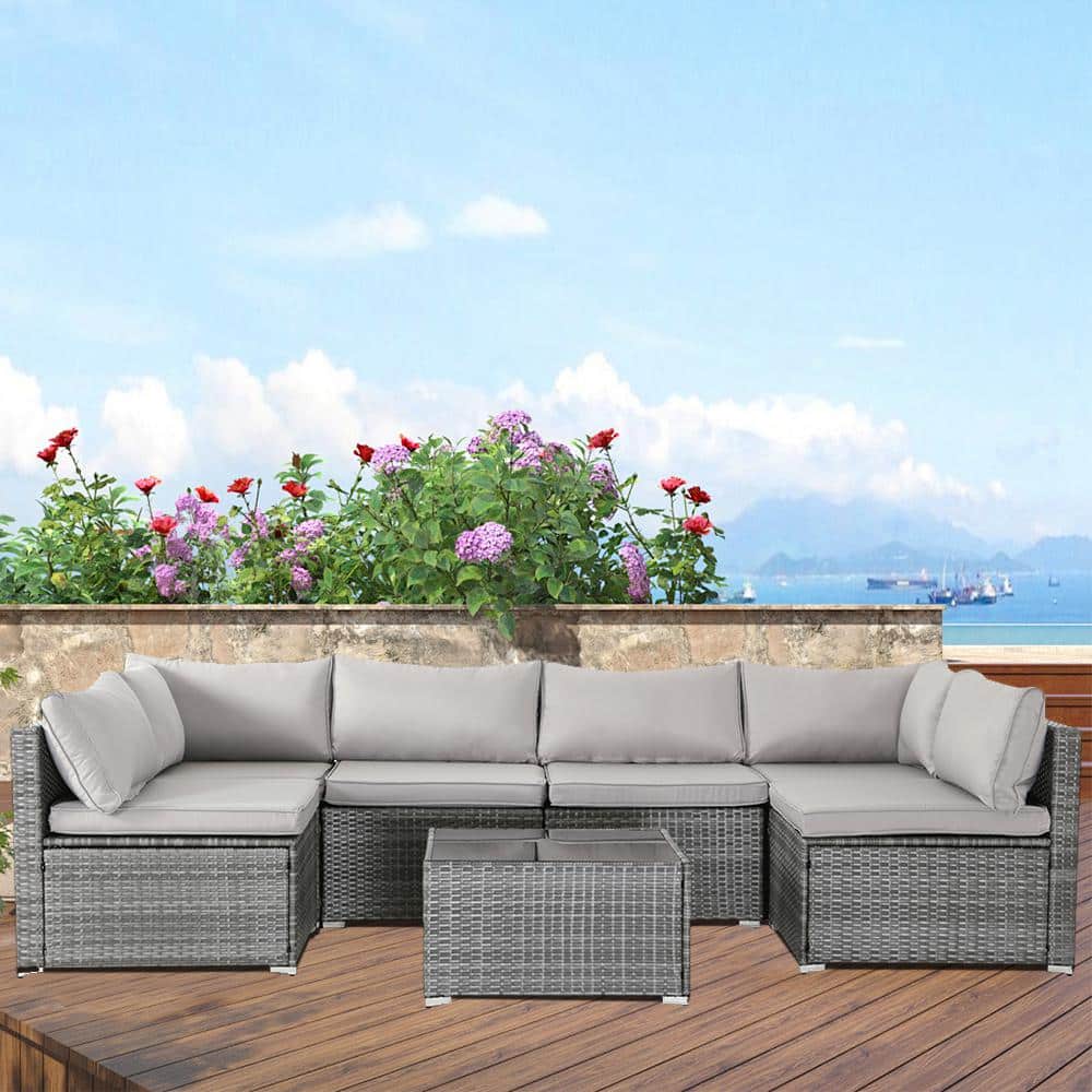 Dark Grey 7-Piece Wicker Patio Outdoor Sectional Set with Grey Cushion for 