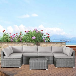 Dark Grey 7-Piece Wicker Patio Outdoor Sectional Set with Grey Cushion for Backyard, Garden, Poolside