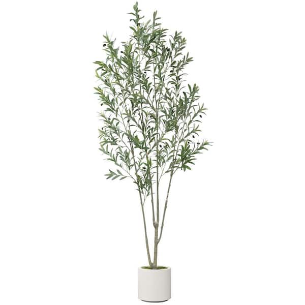 HOMEIBRO 8 ft. Green Artificial Tree Olive Tree in White Faux Decorative Plant Pot Realistic Leaves for Indoor Decor