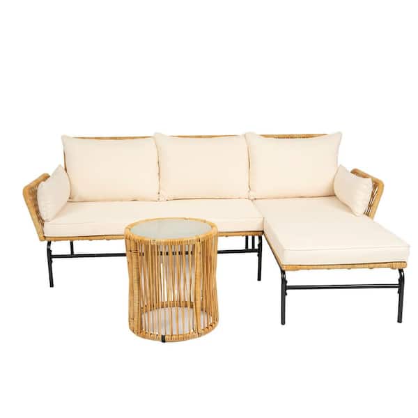 ECOCHIC SPACES INC New Modern Patio Set 3-Piece Light Yellow Wicker Outdoor Table and Chairs, Outdoor Chaise Lounge with Creme Cushions