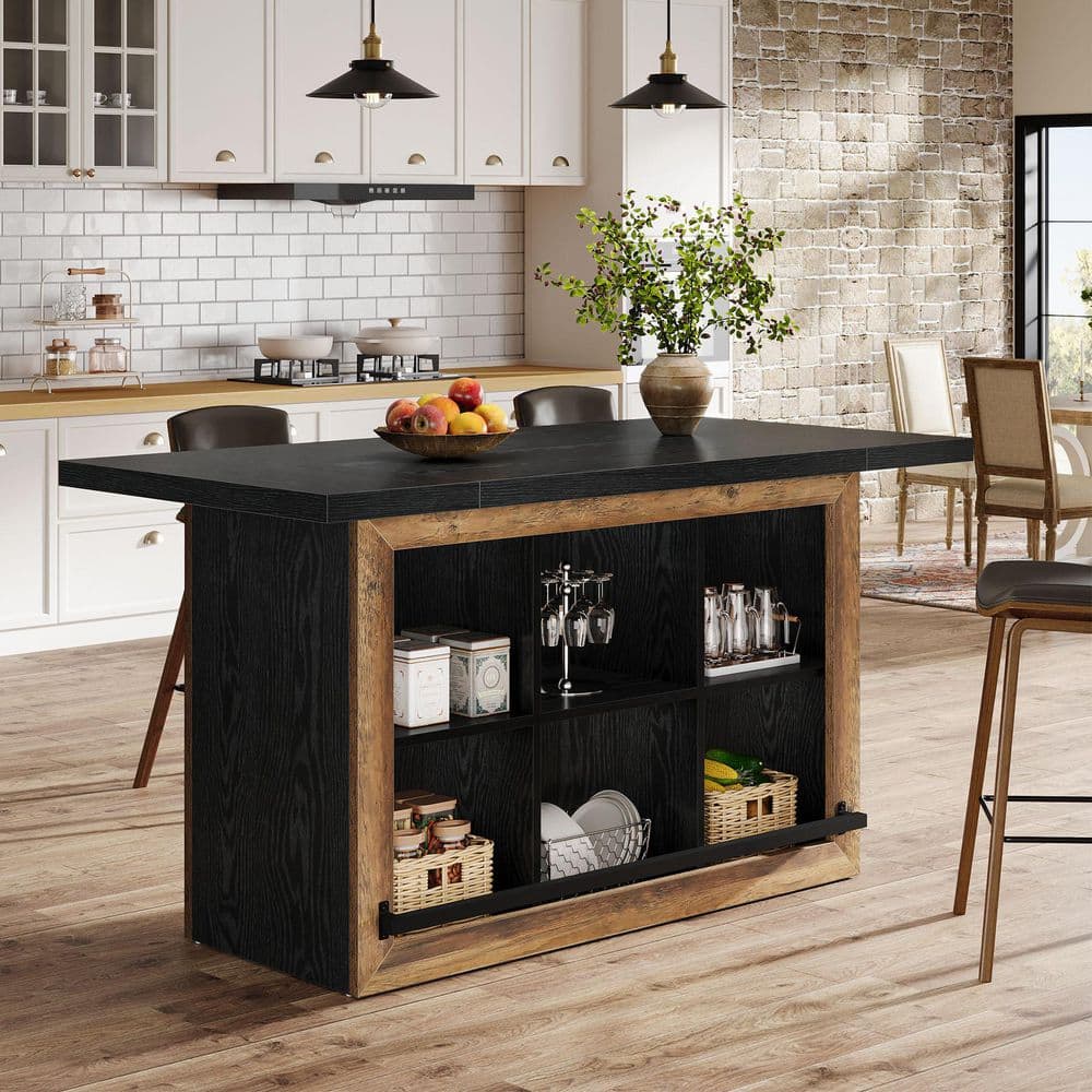 BYBLIGHT Keenyah Black & Brown 62.6 in. W Kitchen Island