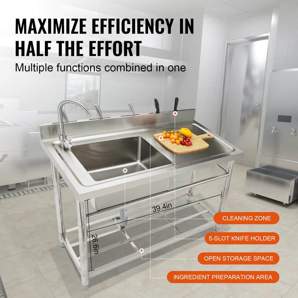 Freestanding Stainless Steel Single Bowl Utility Sink with Worktop