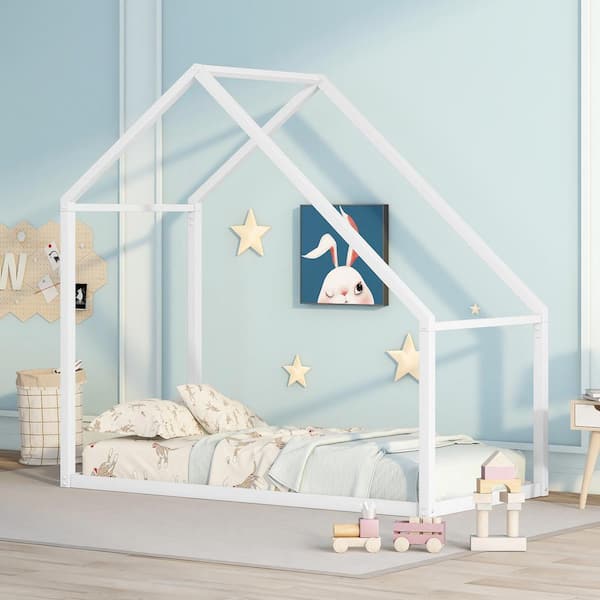 Harper & Bright Designs White Twin Size Metal House Bed Kids Bed