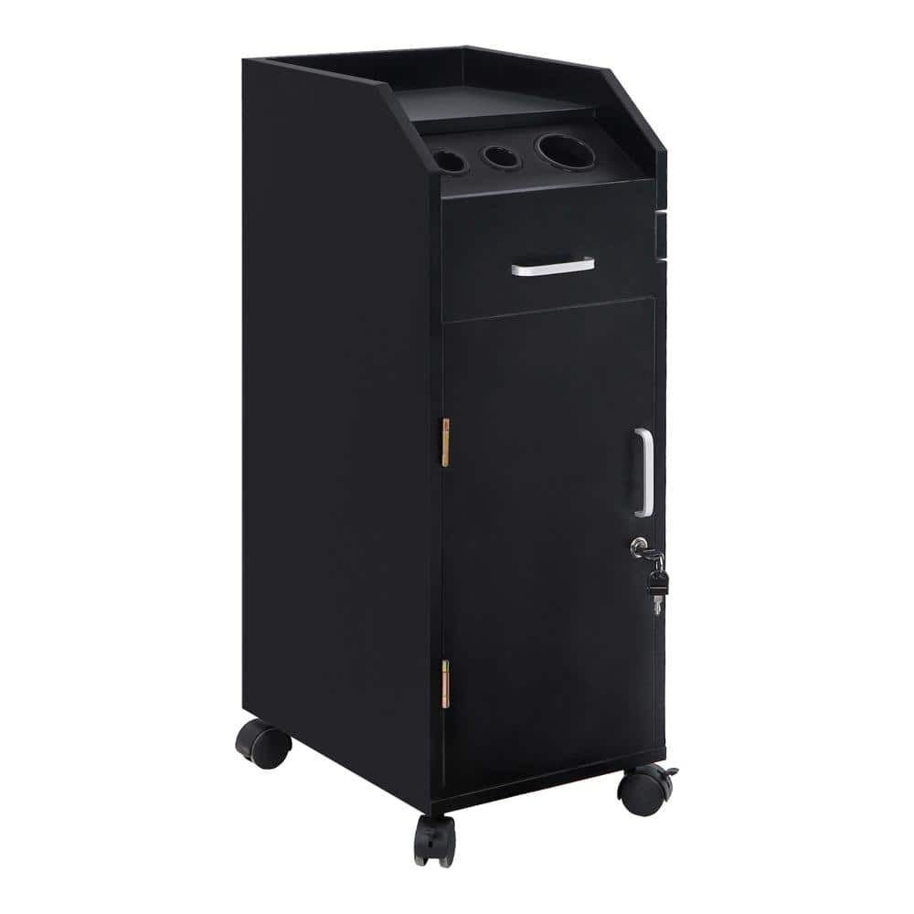 Black Wood Salon Trolley Storage Cart with Lockable Wheels