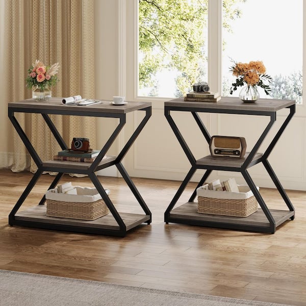 BYBLIGHT Kerlin 23.6 in. Grey Rectangle Wood End Table (Set of 2) Small 3-Tier Sofa Table Wood Bedside Nighstand with Metal Frame