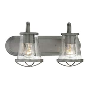 Darby 18 in. 2-Light Weathered Iron Industrial Vanity with Clear Seeded Glass Shades
