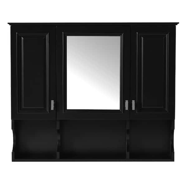 35 in. W x 28.7 in. H Rectangular Wood Medicine Cabinet with Mirror and Open Shelves in Black for Bathroom