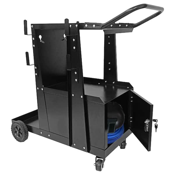 3-Tier Welding Cart with Lockable Cabinet, 360° Swivel Wheels, Safety Tank Chains for MIG, TIG, MMA Welders
