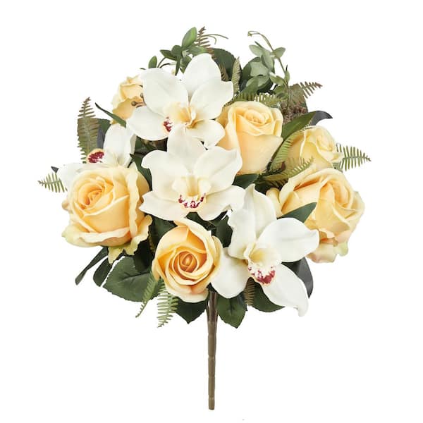 LIVING LUXURY 18 in. Ivory Champagne Artificial Mixed Rose Cymbidium Orchid Flower Stem Bush Bouquet (Set of 2)