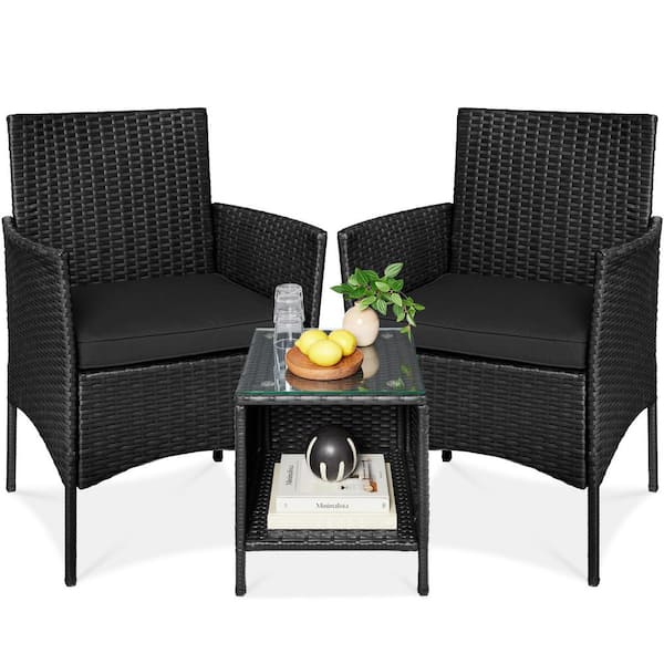 3-Piece Outdoor Wicker Conversation Patio Outdoor Bistro Set, with 2 Chairs, Table, Cushions-Black/Black