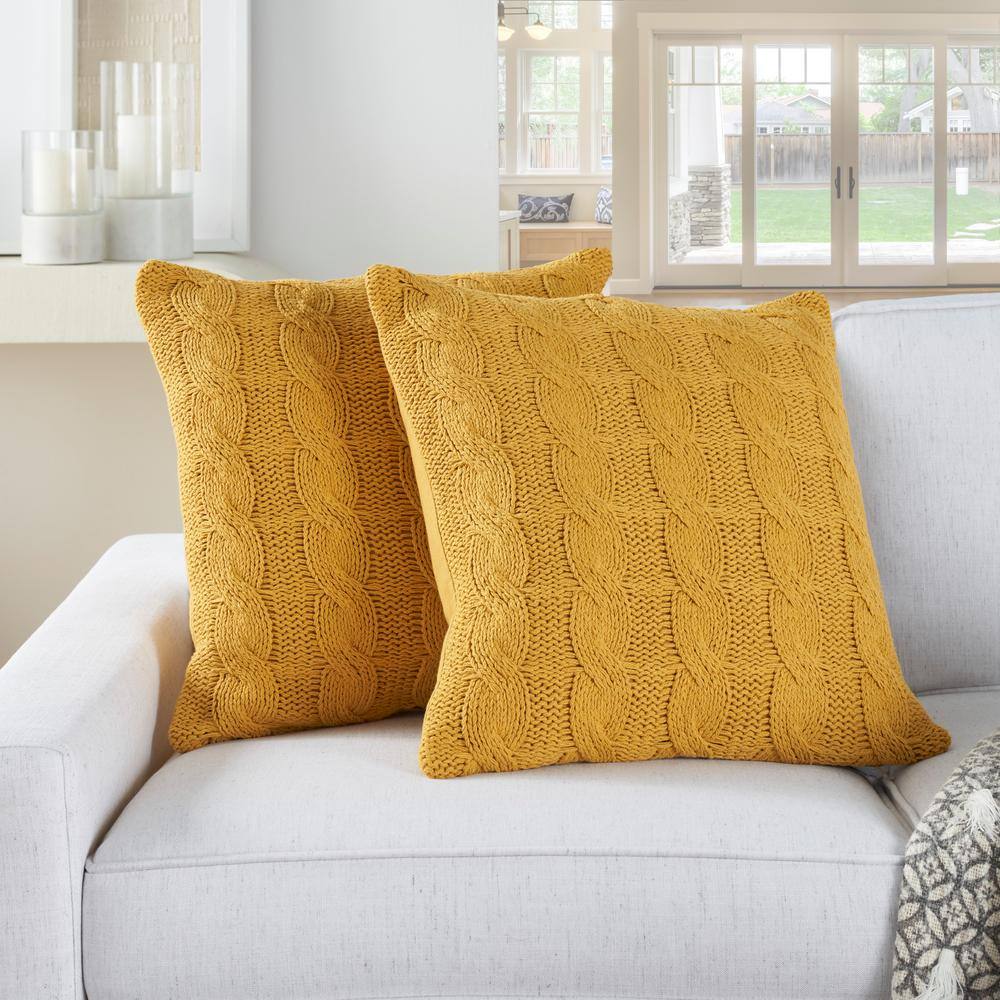 Yellow Cotton Knitted 18" Square Throw Pillows Set of 2