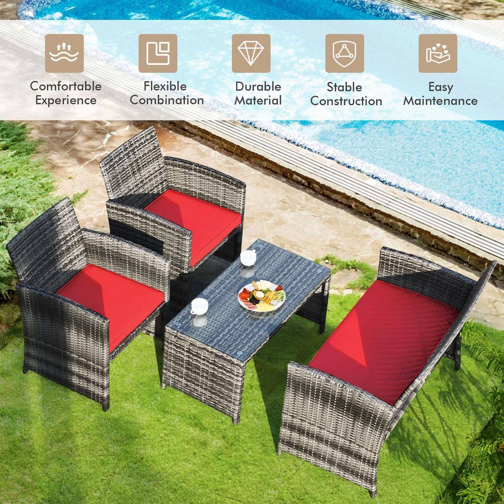 Red Cushioned Black Wicker 4-Piece Patio Furniture Set