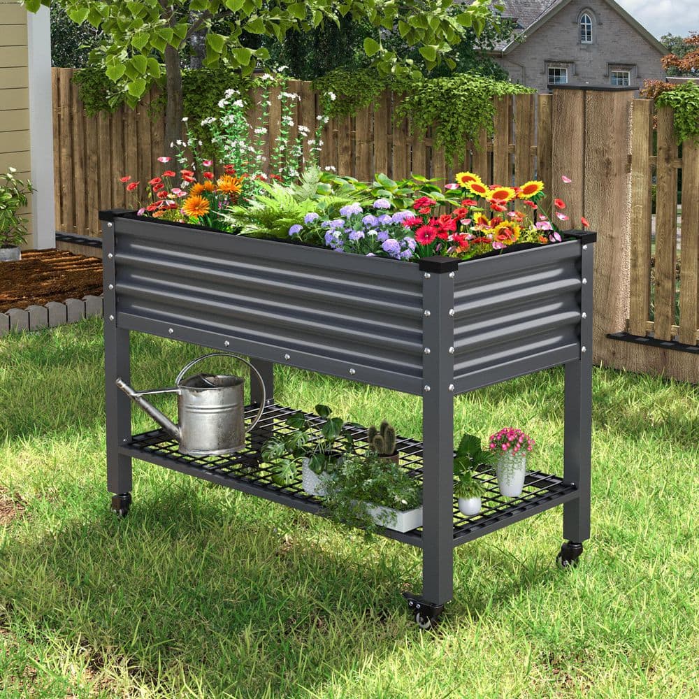 VEIKOUS 48 in. L x 25 in. W x 34 in. H Gray Galvanized Steel Raised Garden Bed w/ Lockable Wheels, Liner and Drainage Function PG0102-23GY-3
