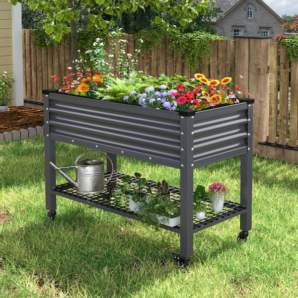 48 in. L x 25 in. W x 34 in. H Gray Galvanized Steel Raised Garden Bed w/ Lockable Wheels, Liner and Drainage Function
