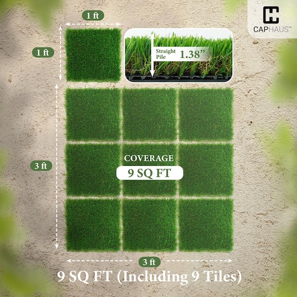 CAPHAUS Green 12 in. x 12 in. Artificial Grass Interlocking Tiles, Interlocking Fake Faux Grass Pet Turf (9 Pack)