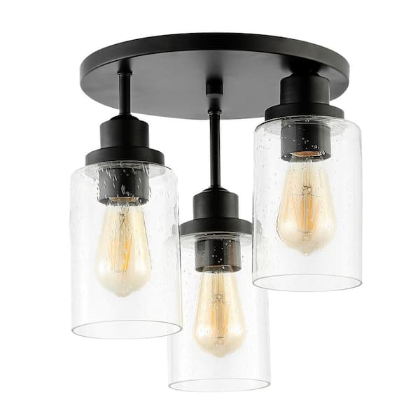 Jonah 12 in. 3-Light Black Bohemian Farmhouse Iron/Seeded Glass LED Semi Flush Mount, Clear