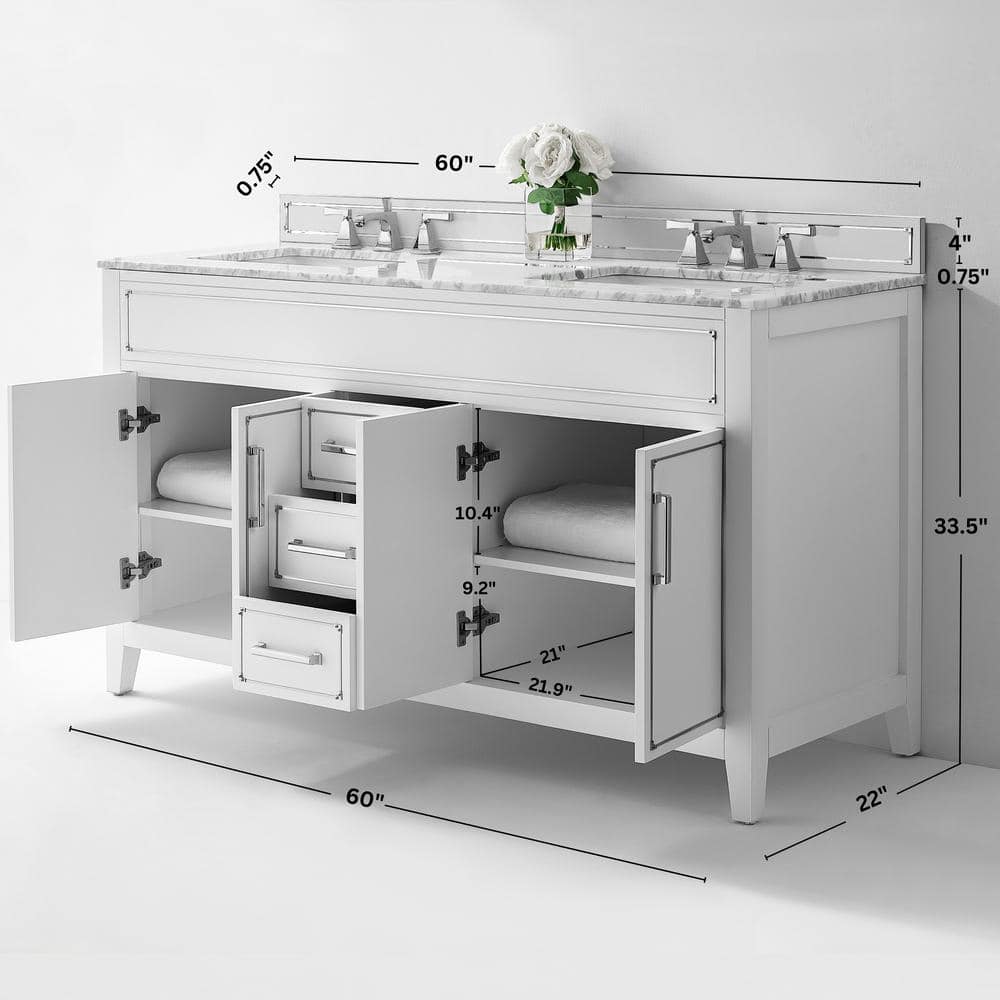 Aspen 60'' White Double Sink Bathroom Vanity with Marble Top