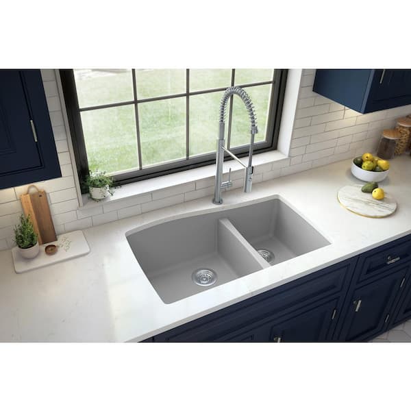 Karran Undermount Quartz/Granite Composite 33 in. 60/40 Double Bowl Kitchen Sink in Grey
