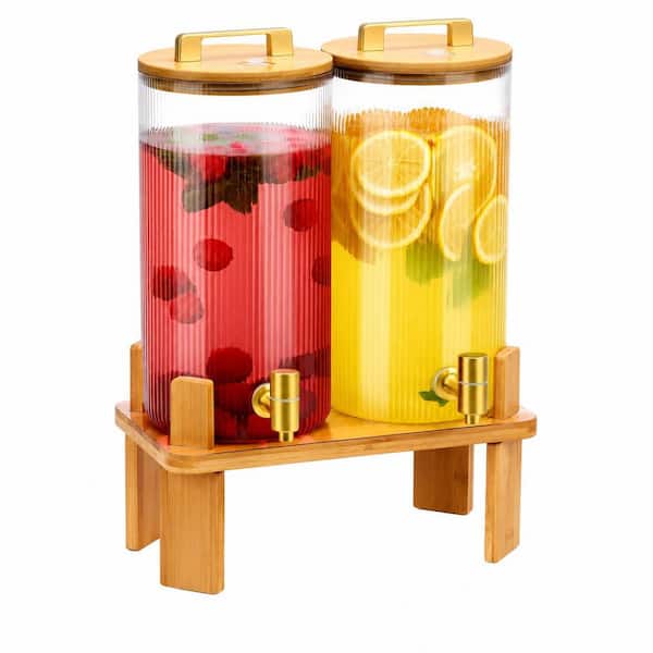 2-Pack 1.5 Gallon Glass Drink Dispenser with Wood Stand Gold Spigot Cork Coasters Striped Lemonade Unit
