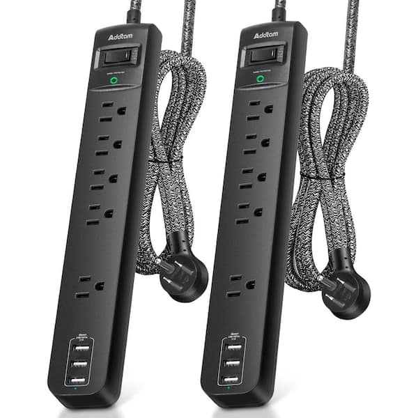 Ahfiwaso 5-Outlet Power Strip Surge Protector with Switch, 3-USB Ports and 6 ft. Braided Extension Cord in Black (2 Packs)